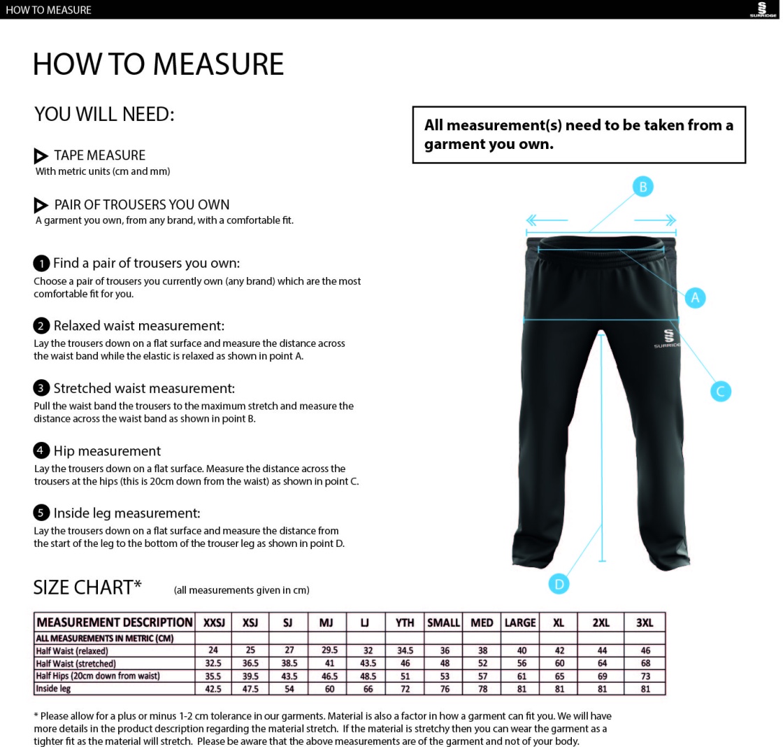 University of Essex - Dual Poplin Track Pant - Unisex Fit - Size Guide