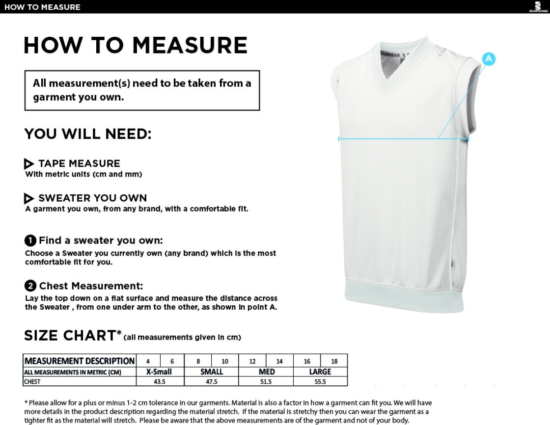 University of Essex - Blast Sleeveless Cricket Sweater - Women's Fit - Size Guide