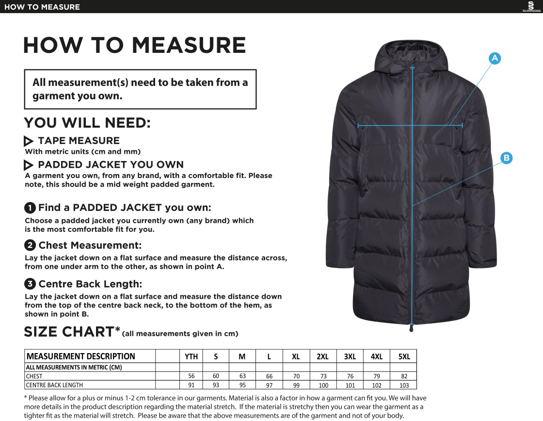 University of Essex - Active Long Padded Jacket - Unisex Fit - Size Guide