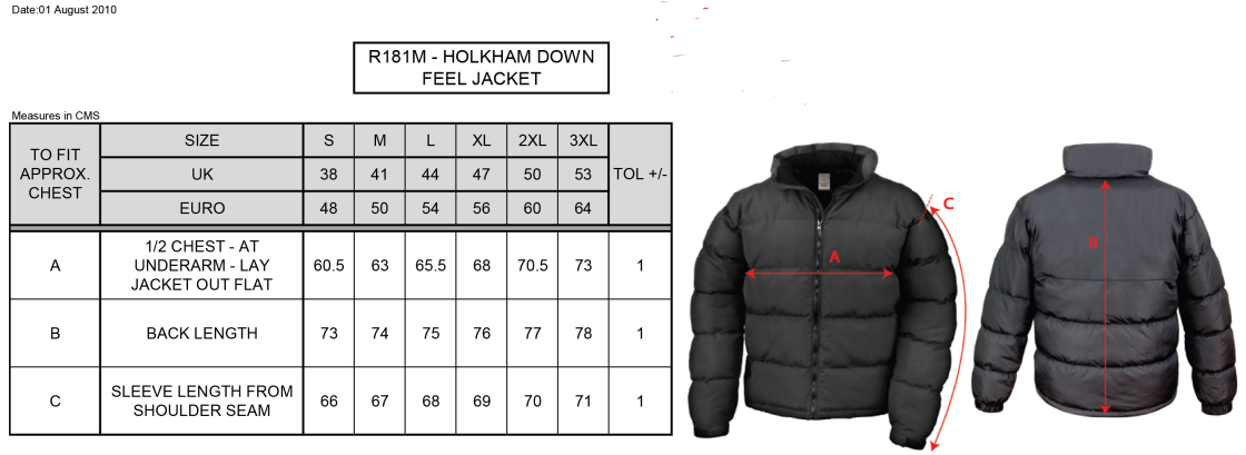 University of Essex - Holkham Down Feel Jacket - Unisex Fit - Size Guide