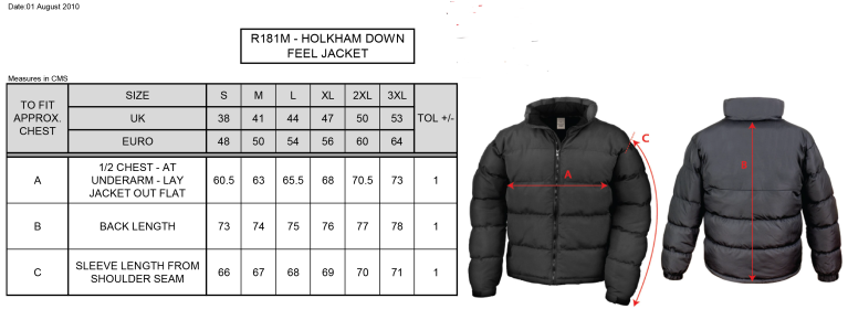 University of Essex - Holkham Down Feel Jacket - Unisex Fit - Size Guide