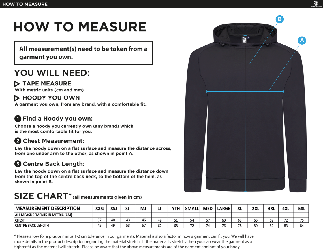 University of Essex - Active Hoody - Unisex Fit - Size Guide