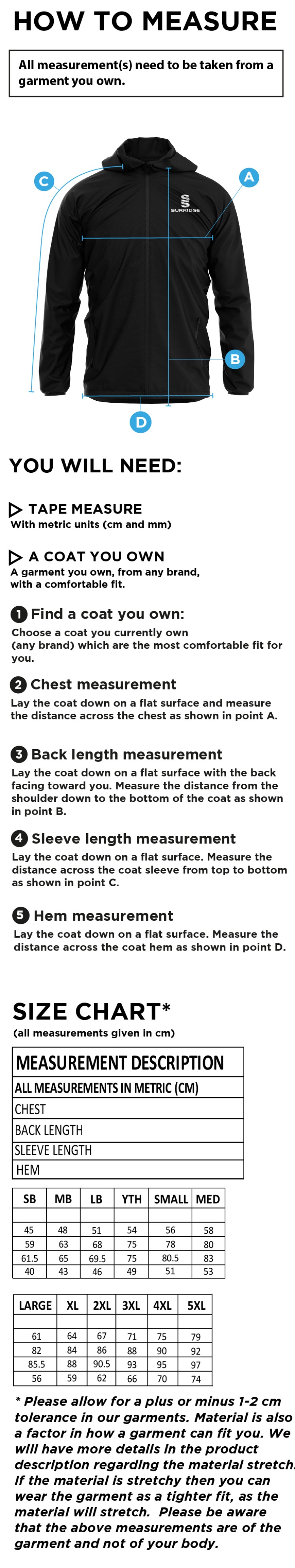 University of Essex - Dual Full Zip Training Jacket - Unisex Fit - Size Guide