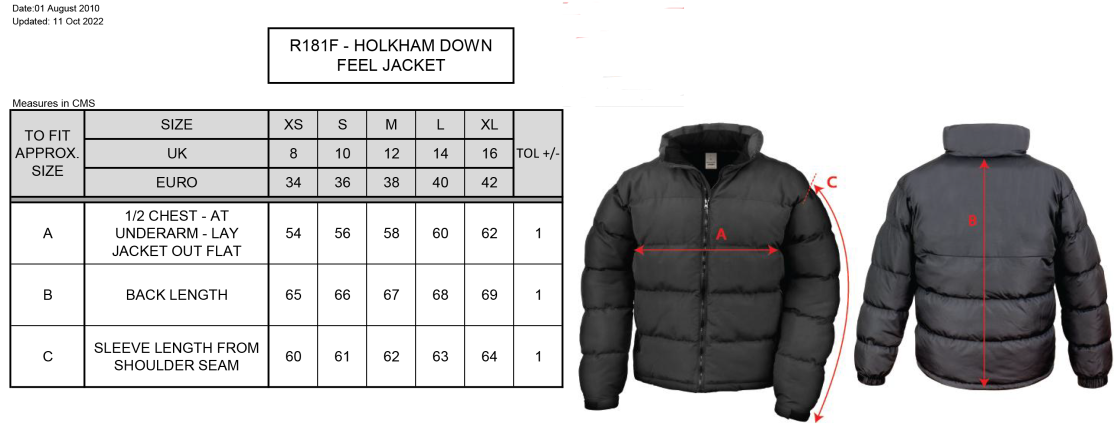 University of Essex - Holkham Down Feel Jacket - Women's Fit - Size Guide