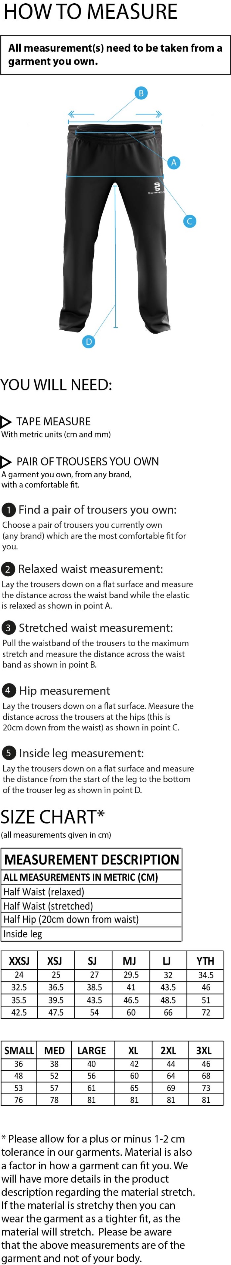 University of Essex - Dual Poplin Track Pant - Unisex Fit - Size Guide