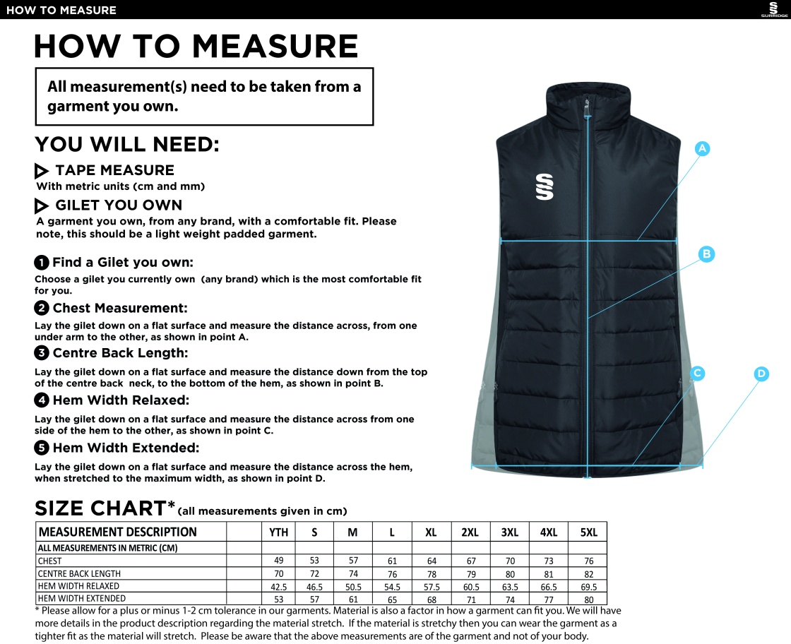 University of Essex - Active Gilet - Unisex Fit - Size Guide