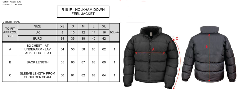 University of Essex - Holkham Down Feel Jacket - Women's Fit - Size Guide