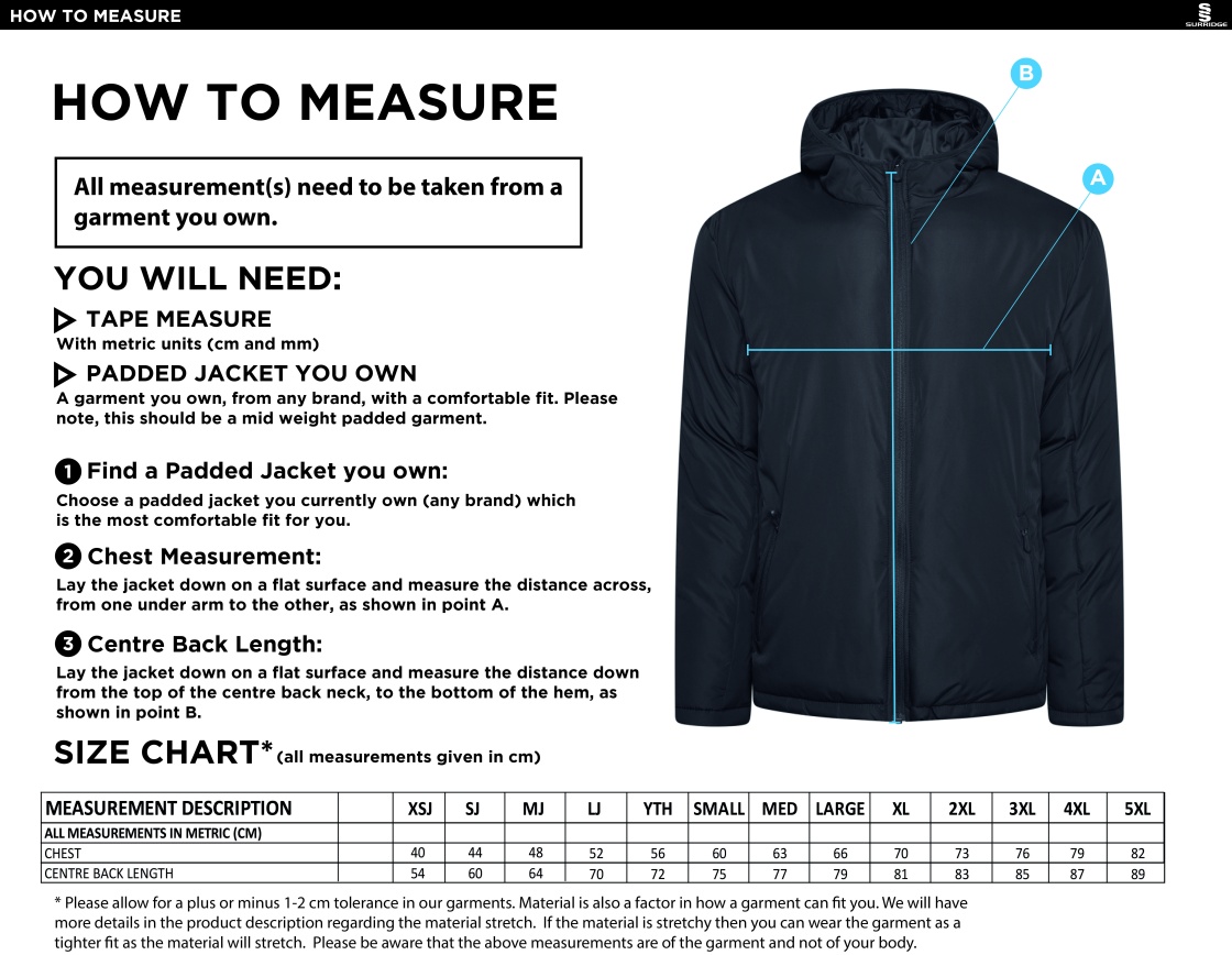 University of Essex - Active Padded Jacket - Unisex Fit - Size Guide
