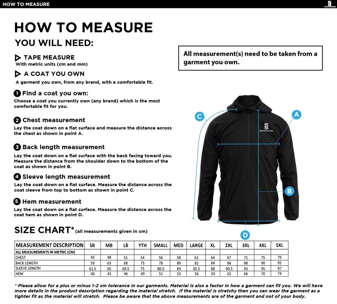 University of Essex - Dual Full Zip Training Jacket - Unisex Fit - Size Guide