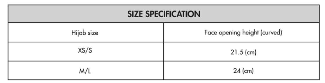University of Essex - Dual Sports Hijab - Size Guide