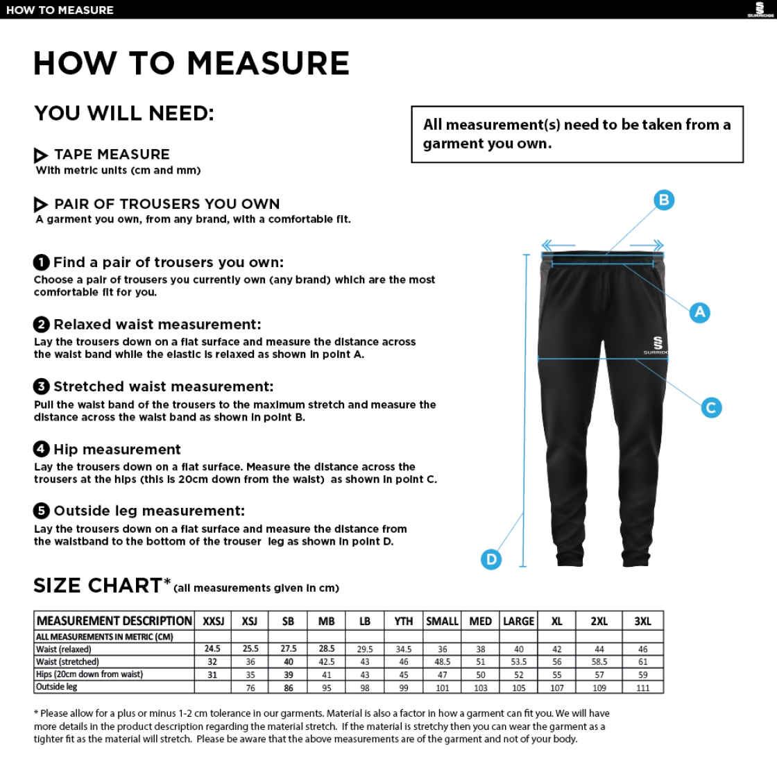 University of Essex - Tek Slim Training Pants - Unisex Fit - Size Guide