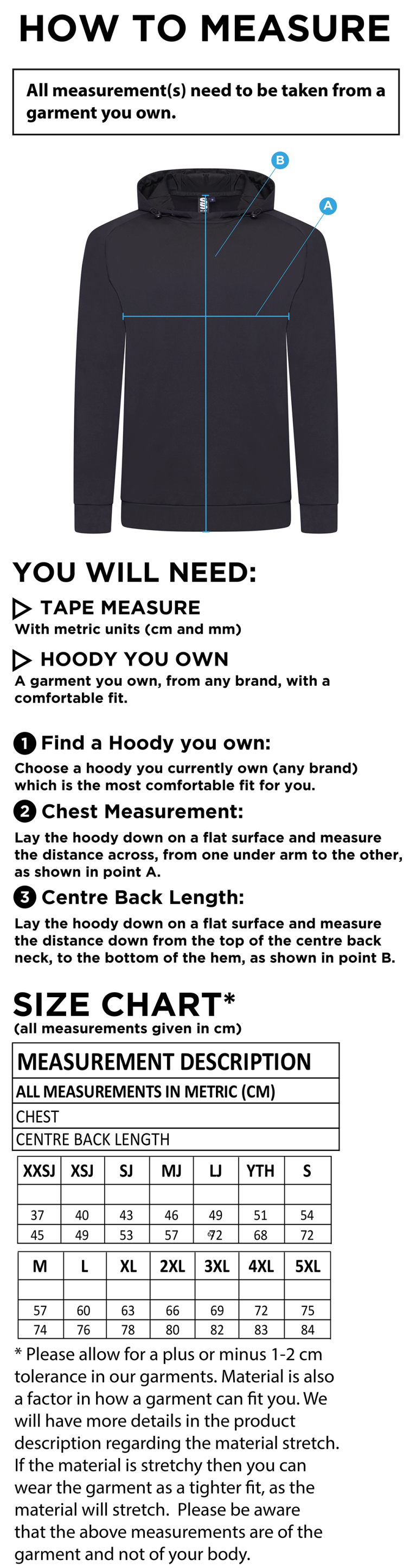 University of Essex - Active Hoody - Unisex Fit - Size Guide