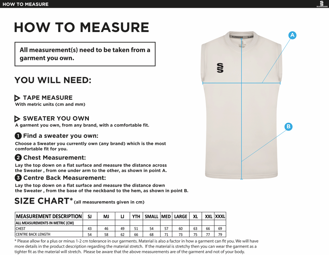 University of Essex - Blast Sleeveless Cricket Sweater - Unisex Fit - Size Guide