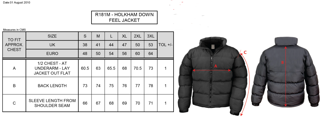 University of Essex - Holkham Down Feel Jacket - Unisex Fit - Size Guide