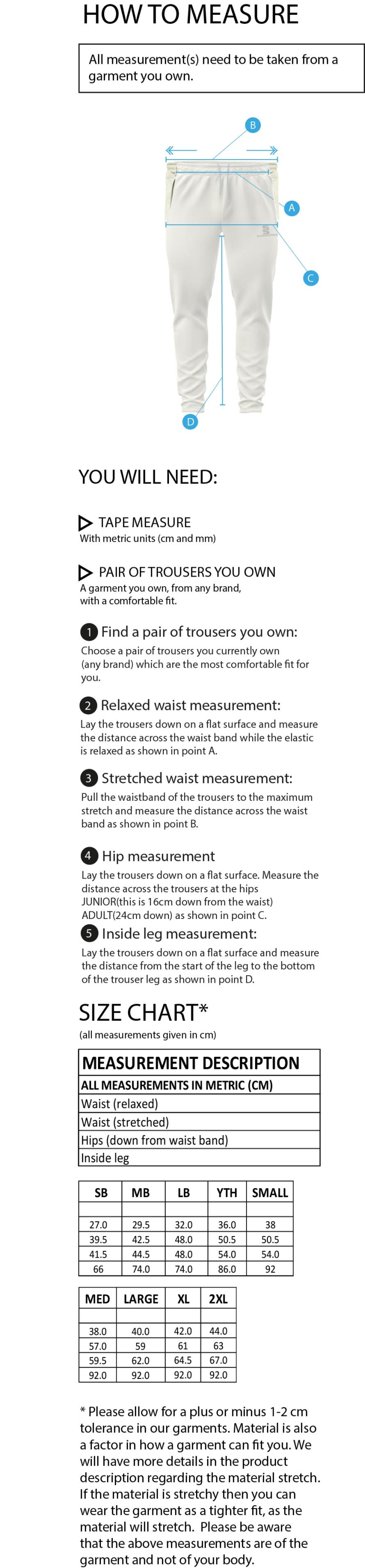University of Essex - Ergo Playing Pant - Unisex Fit - Size Guide