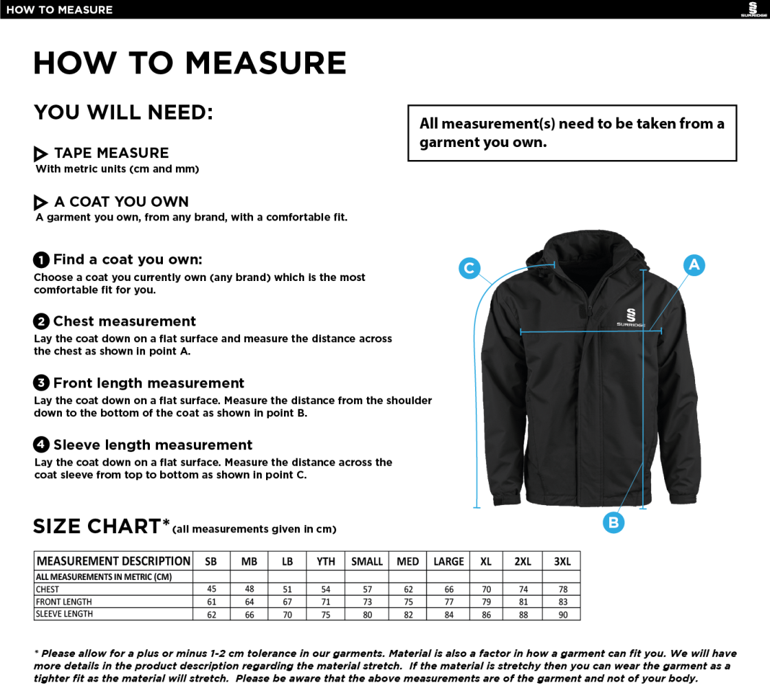 University of Essex - Dual Fleece Lined Jacket - Unisex Fit - Size Guide