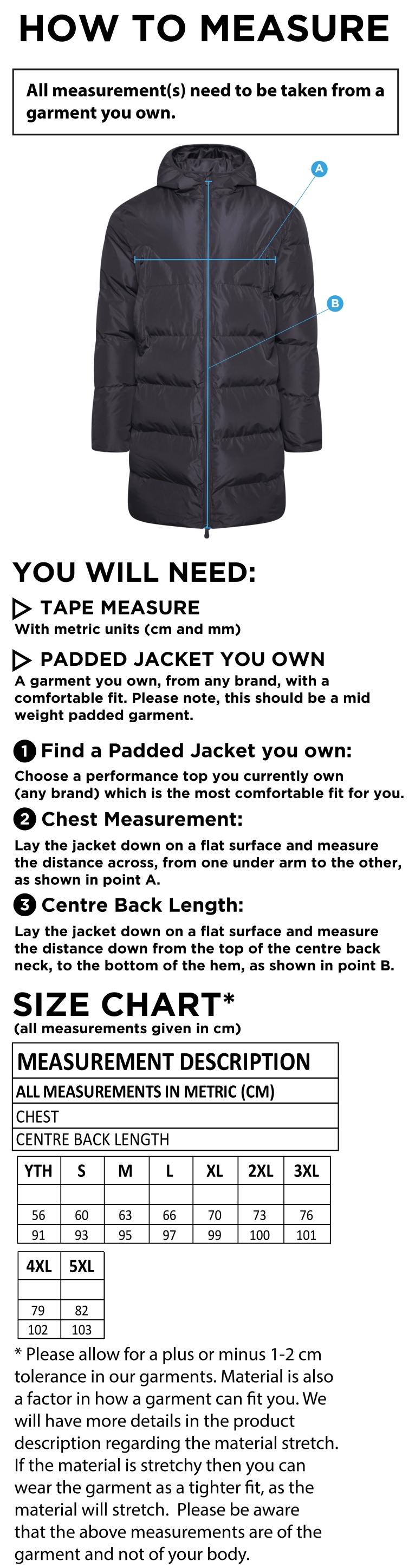 University of Essex - Active Long Padded Jacket - Unisex Fit - Size Guide