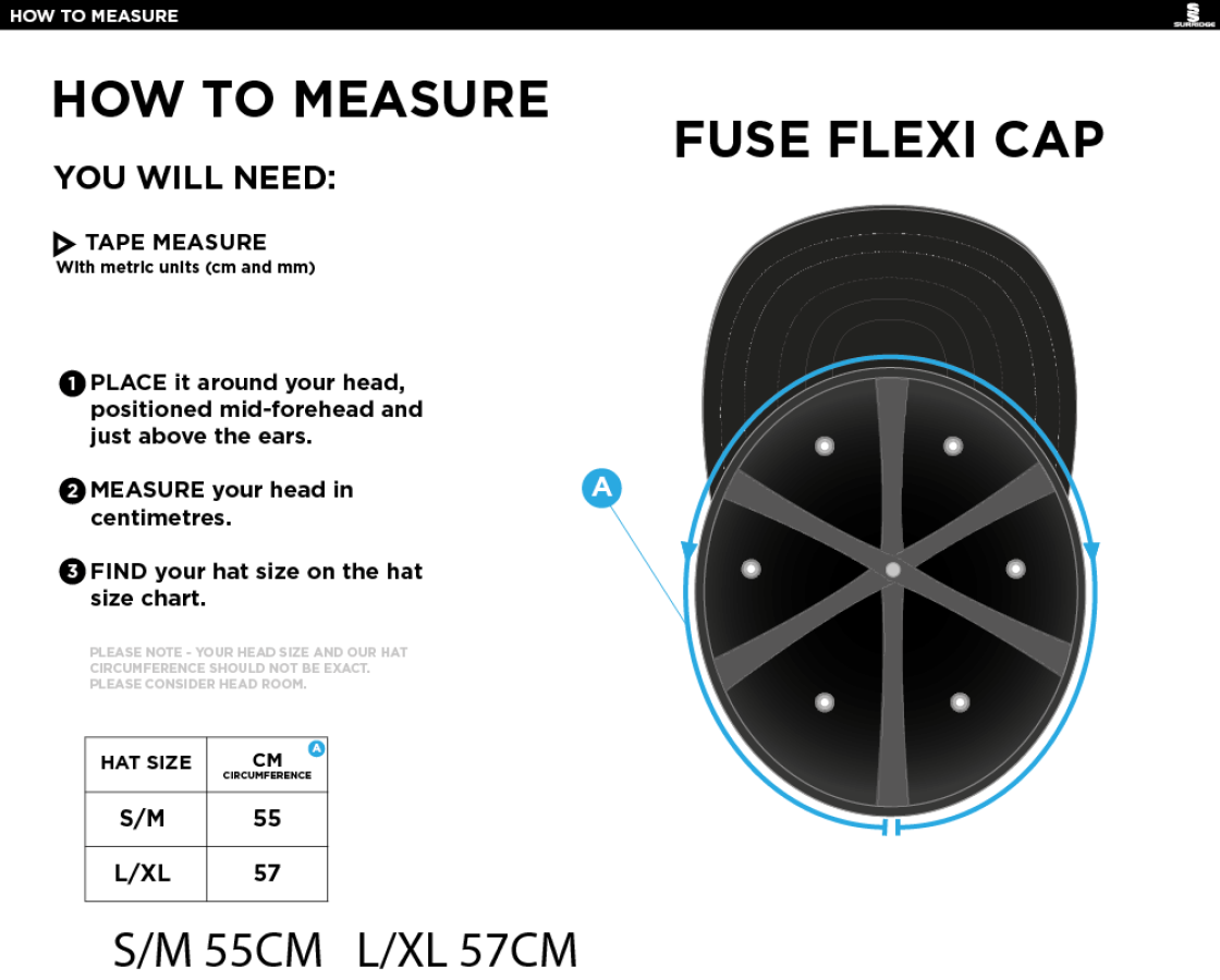 University of Essex - Fuse Flexi Cap - Black - Size Guide