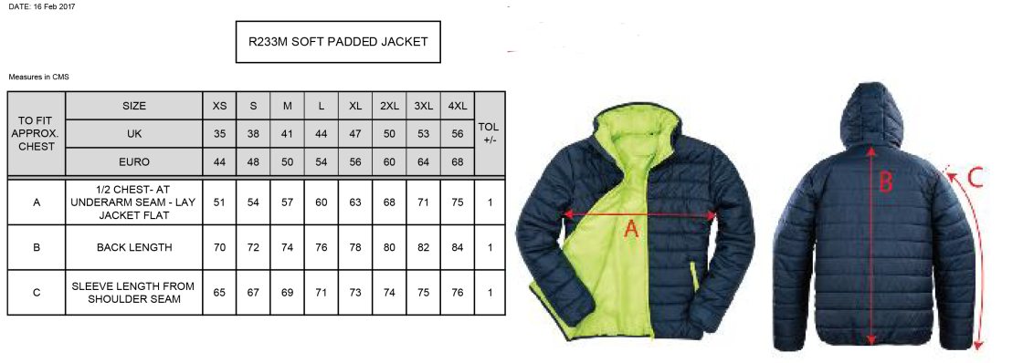 University of Essex - Supersoft Padded Jacket - Unisex Fit - Size Guide
